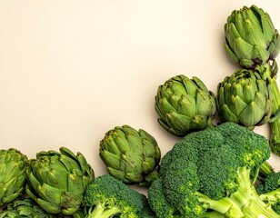 Fototapeta premium Vibrant Green Artichokes and Broccoli Florets Healthy Food Ingredients Display.