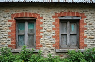Old stone building, two weathered wood windows. Red brick frames a rough wall. Corrugated metal roof above. Green plants grow below windows. Rustic abandoned house shows natural decay.