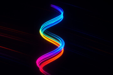 A swirling ribbon of neon lights glides through a dark background, showcasing vibrant colors. The gradient transitions smoothly across the spectrum.AI generated.