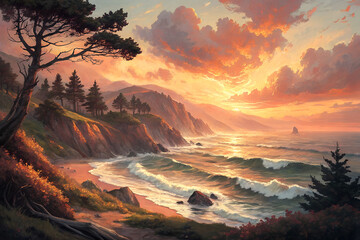 Naklejka premium Sunset seascape artwork in painting style, oil painting art