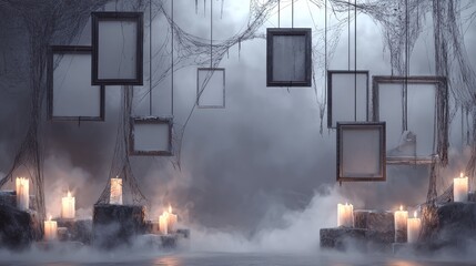 Mysterious Atmosphere with Candles and Empty Frames in Fog