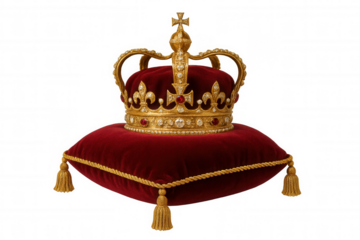 Royal gold crown resting on a red velvet pillow, symbolizing monarchy, power, and wealth on transparent background