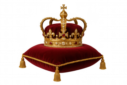 Royal gold crown resting on a red velvet pillow, symbolizing monarchy, power, and wealth on transparent background
