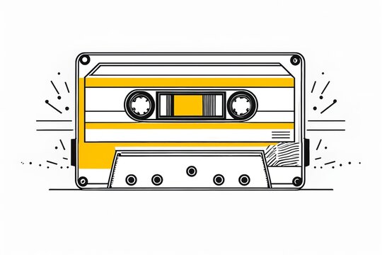 Retro yellow cassette tape illustration with minimalist line art and vintage music concept