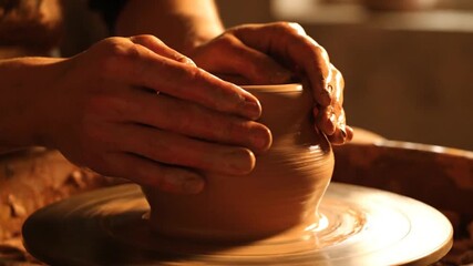 Close-up of skilled hands shaping wet clay on a spinning potter's wheel, creating a ceramic vessel in a warm, artistic setting.
