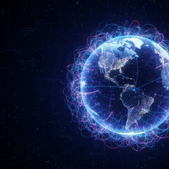 Abstract glowing Earth with interconnected data lines on dark background