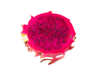 Half red dragon fruit with transparent background, tropical exotic fruit with pink flesh and black seeds isolated as PNG object, healthy organic food rich in fiber and antioxidants.