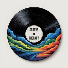 A vinyl record offering Groove Therapy a journey through music and vivid landscapes crisp lines on a