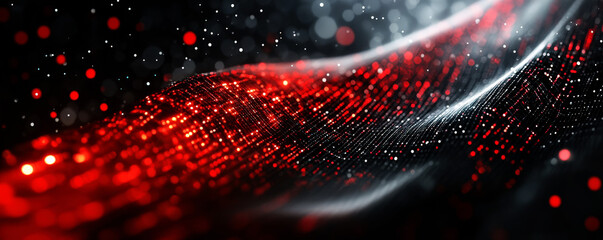 Abstract digital waves with red and black glowing particles