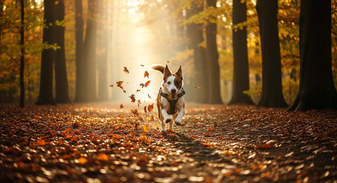 A happy dog runs through a forest in autumn with leaves falling all around it as the sun shines through the trees, creating a beautiful and magical scene - Powered by Adobe