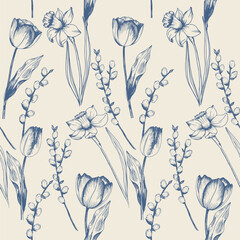 Elegant seamless floral pattern featuring tulips, daffodils and pussy willow branches in vintage hand-drawn style. Perfect for spring designs, packaging, textiles, wallpapers and greeting cards.