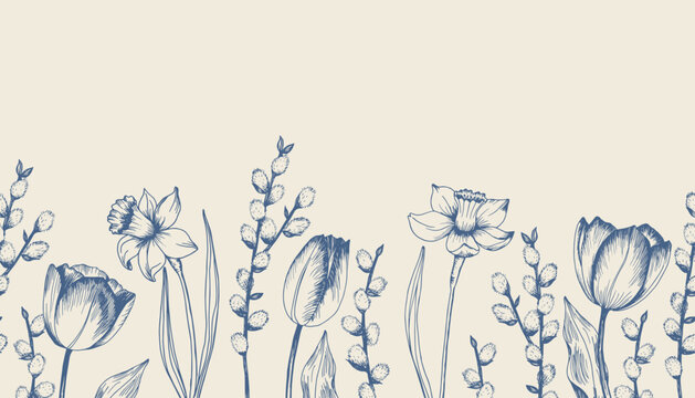 Beautiful vintage floral border featuring tulips, daffodils and pussy willow branches. Perfect spring botanical illustration for greeting cards, posters, invitations, packaging and seasonal decor.