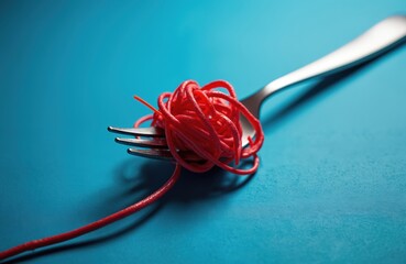 Red tangled headphone cord like spaghetti on shiny metal fork. Blue background creates bright contrast. Shows tech addiction digital consumption concept. Blends food, modern device accessory. Visual