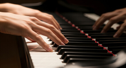 Obraz premium Closeup of hands playing the piano, showcasing the pianists fingers gliding across the keys, creating beautiful music with passion and precision