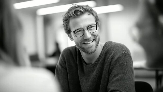 male counselor leading online resilience workshop multiple participants soft murmur supportive atmosphere three quarter wide angle cinematic color correction gentle backlight