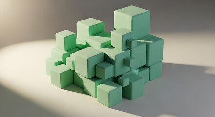 Abstract cluster of soft green cubes creating a complex geometric form with soft lighting