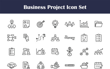  Business project management icon set with teamwork, planning, goals, strategy, data analysis, investment growth, collaboration, leadership, innovation, and success with transparent background.	