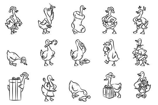 Whimsical Naughty Goosemas Clipart ,Funny Christmas Goose Illustrations in Hand-Drawn Style, Perfect for Holiday Crafts, Stickers, Cards, Invitations, Decorations, and Festive Digital Projects.