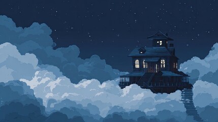 Dreamy House Floating in Clouds Under Starry Night Sky