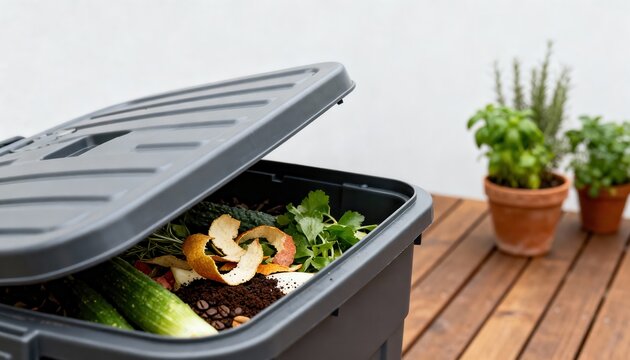 Home Composting Bin Filled with Kitchen and Garden Waste, Sustainable Living - Powered by Adobe
