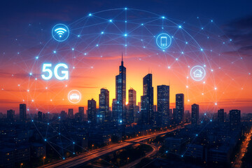 5G Smart City Connectivity at Dusk with Network Grid and Icons: Future Technology Connection and Global Digital Infrastructure