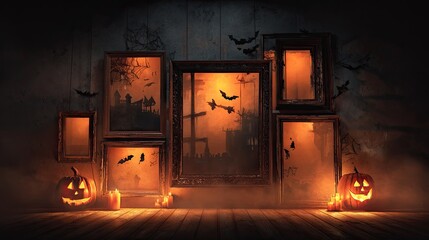 Eerie Halloween Scene with Frames, Candles, and Jack-o'-Lanterns