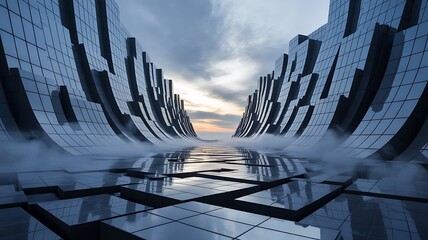 Step into a stunning futuristic cityscape with mirrored buildings reflecting the dawn, inviting viewers to imagine a world of innovation and advanced architecture, perfect for visionary projects