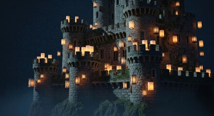 Medieval Castle at Night Illuminated by Lanterns with Stone Walls and Towers