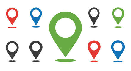 Collection of colorful map markers and location pins on white background