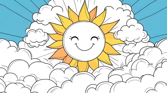 Smiling sun radiating light in a cloudy sky illustration for weather, happiness, and positivity