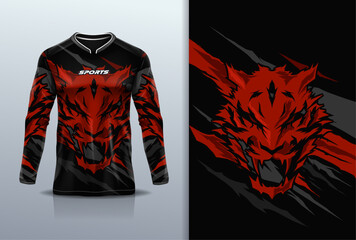 T-shirt mockup abstract  grunge tiger texture sport jersey design for football, soccer, racing, esports, running, red black color © Nimpuna O