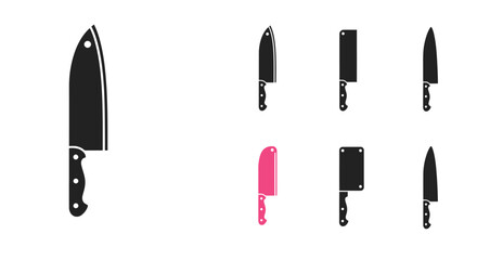 Collection of various kitchen knives in black and a single pink blade