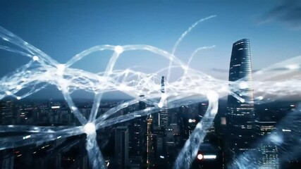 Abstract visualization of a futuristic city network with glowing connections and a modern skyscraper. - Powered by Adobe