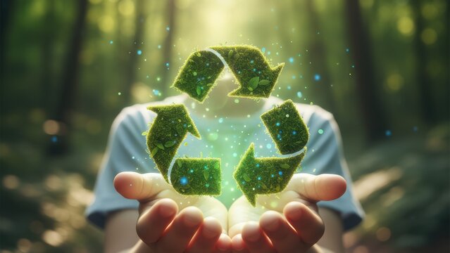Hands holding a glowing green recycling symbol in a lush forest promoting eco friendly practices and sustainable living