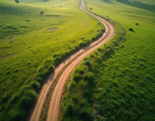 Fototapeta premium Aerial view shows dirt road path through green meadow landscape. Serene scene depicts earth way, wild nature beauty and environmental harmony. Travel outdoor adventure in eco countryside.
