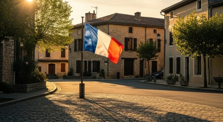 French Flag Flying on Lamp Post in Quiet Village Square During Sunset