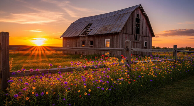 A picturesque sunset illuminates an old barn surrounded by vibrant wildflowers, creating a serene and nostalgic scene of rural beauty and tranquility