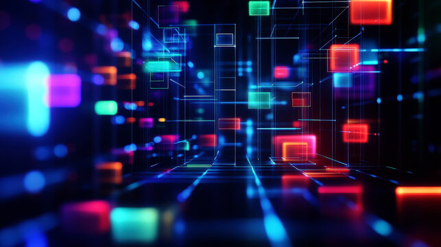 Vibrant Neon Lights and Abstract Geometric Shapes in Digital Space