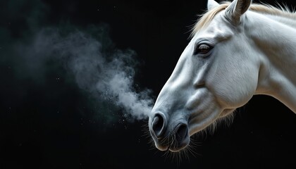 White horse exhales visible breath cloud in cold air. Close up on muzzle with steam escaping nostrils. Dark background isolates equine profile.