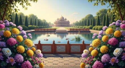 Serene Palace Garden with Reflecting Pool and Colorful Flower Borders in Bright Sunlight