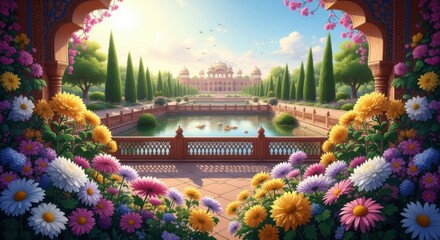 Elegant Palace Garden with Colorful Flowers and Serene Water Fountain in Bright Sunny Day