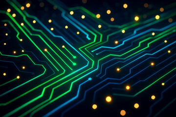 Abstract digital circuit board with green and blue glowing lines and scattered yellow bokeh lights technology