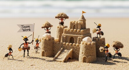 Sandcastle Created by Toy Ants with Construction Helmets and Flag on Beach