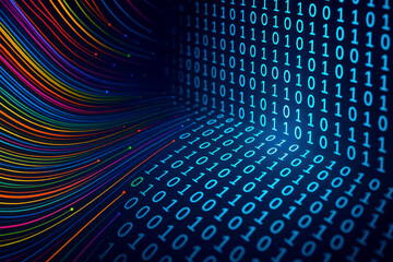 Abstract digital data stream of colorful wavy lines flowing into binary code technology