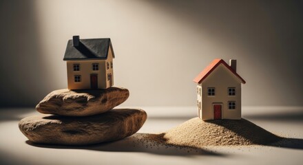 Small Model Houses on Sand and Stones with Dramatic Lighting Modern Home Decor Concept