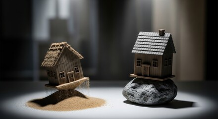 Miniature Wooden Houses on Rocks and Sand with Dramatic Lighting in Studio