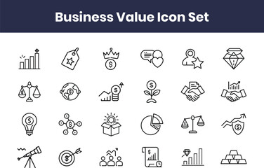  Business value icon set with growth, finance, innovation, leadership, success, investment, profit, teamwork, motivation, and achievement in line style  with transparent background.	