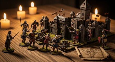 Medieval Castle Battle Scene with Toy Soldiers and Candlelight Setting
