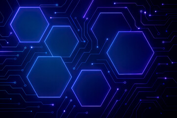 Abstract digital network with glowing blue and purple hexagons and circuit lines technology futuristic