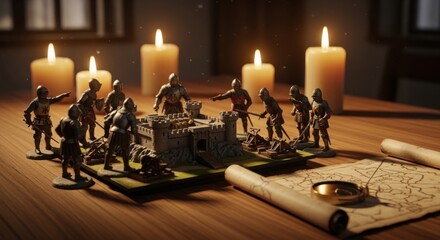 Miniature Medieval Castle Scene with Soldiers and Candles for Historical Strategy and War Game Enthusiasts